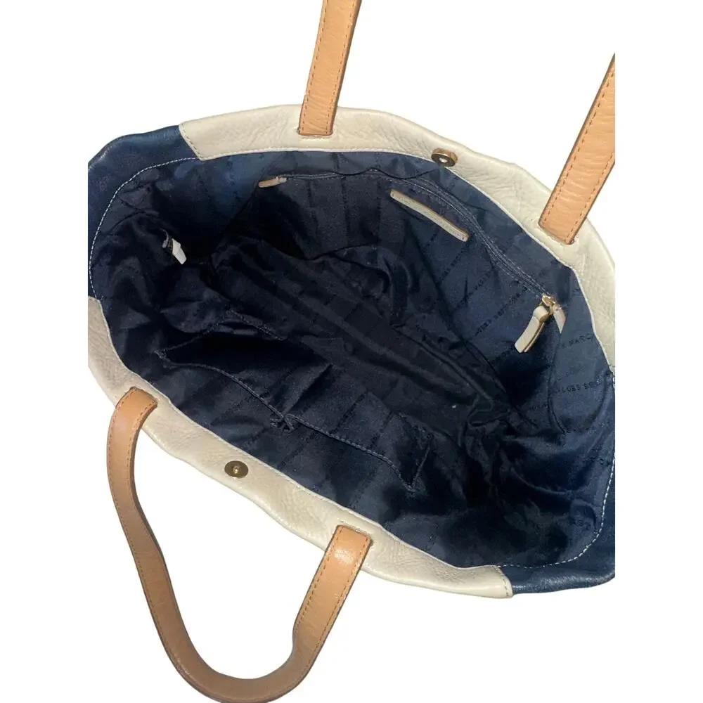 Marc by Marc Jacobs Leather Colorblock Tote Bag Cream Navy Tan Large Shoulder